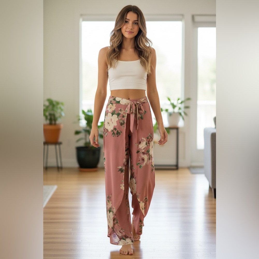 VENUS Floral Open-Leg Tie-Waist Pants